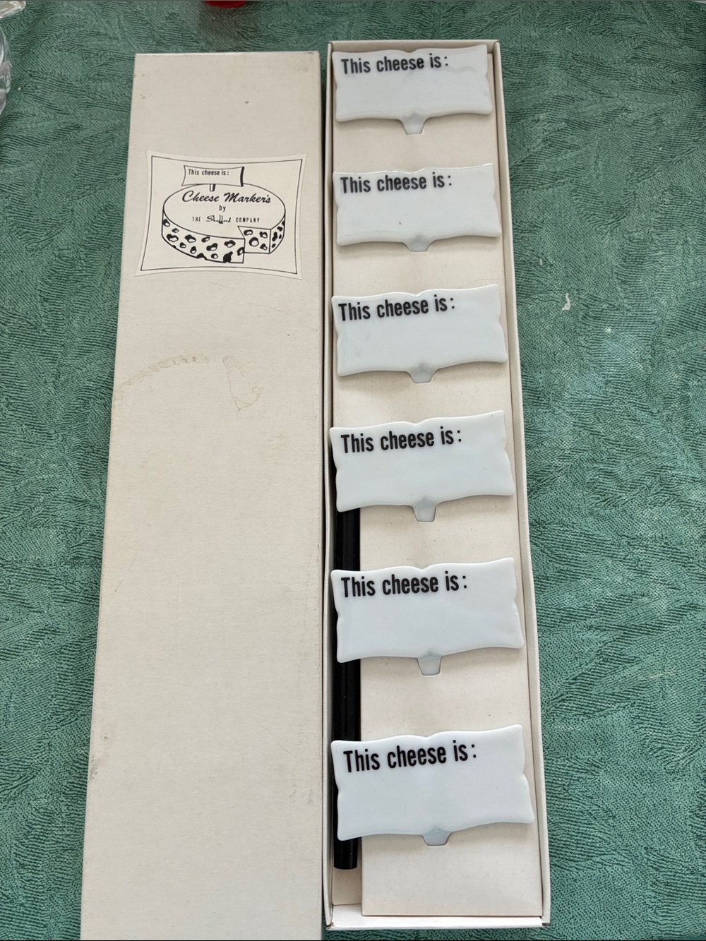 Vintage Set of 6 White Porcelain Cheese Markers with Holder NEVER USED